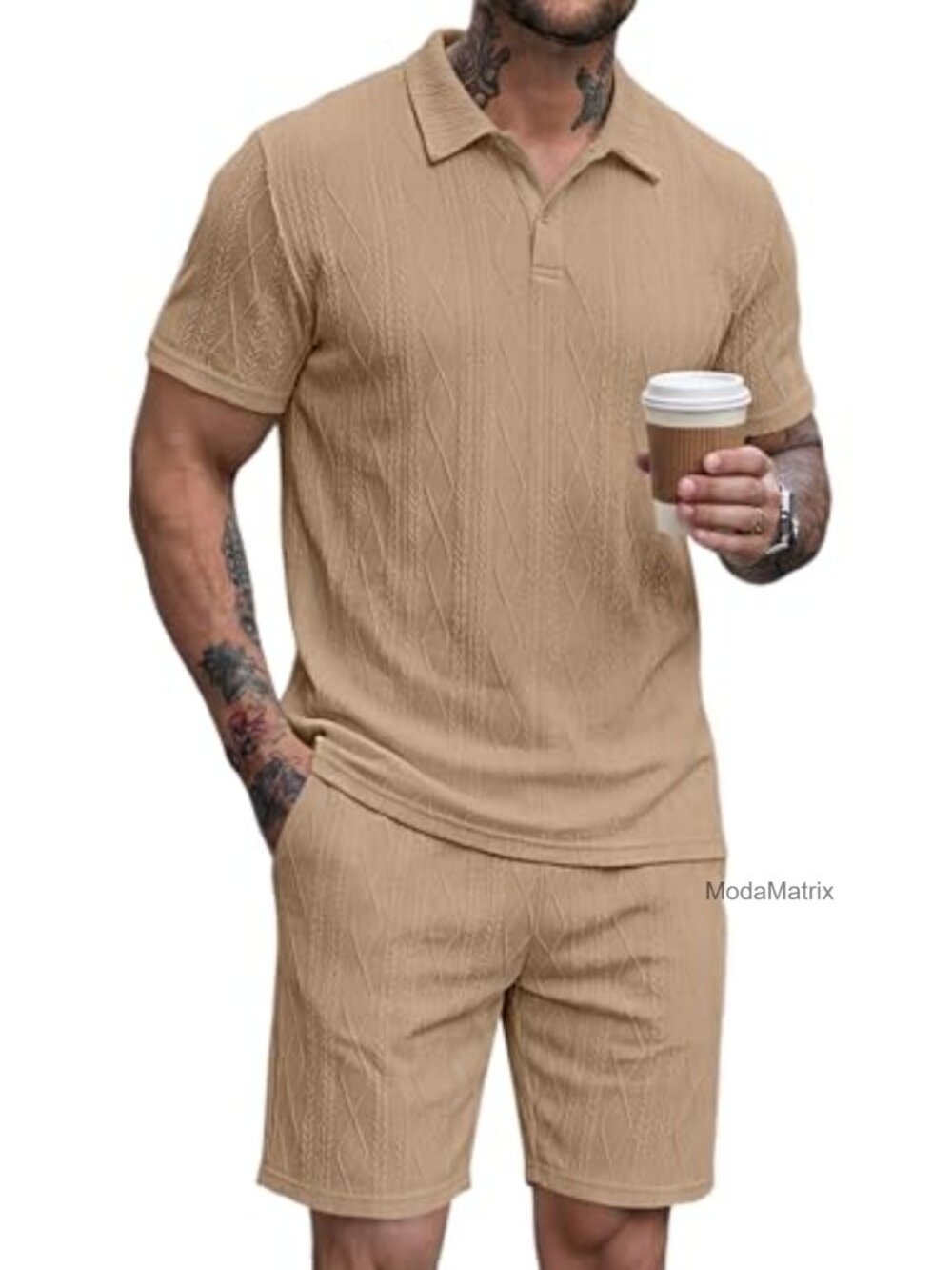 Men's 2 Piece Lounge Set Jacquard Knit Short Sleeve Golf Outfit